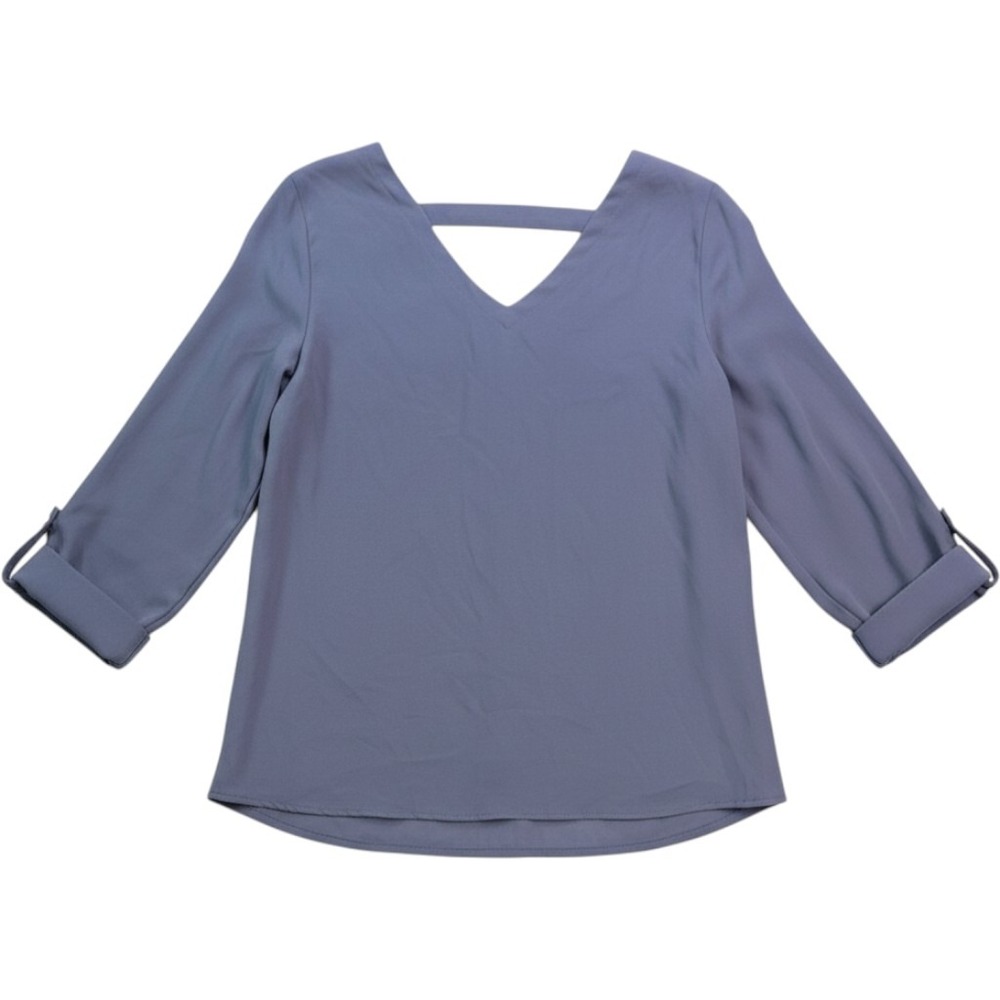 LOFT V Neck Roll Tab Sleeve Blouse Dusty Blue Womens Small